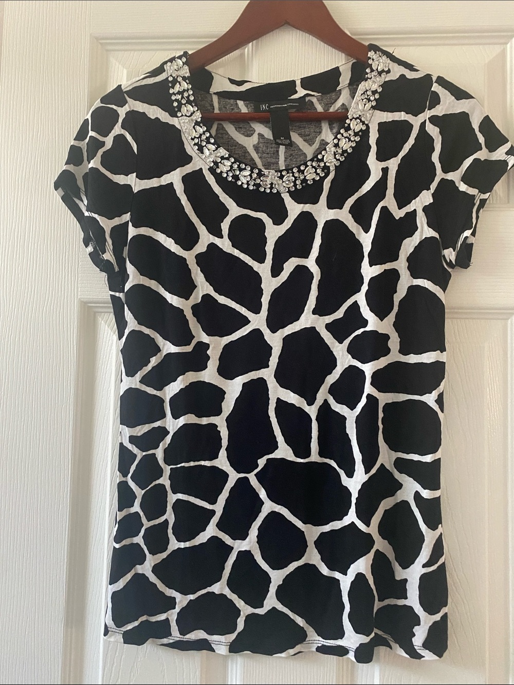 INC International Concepts Black & White Beaded-Neck Tee